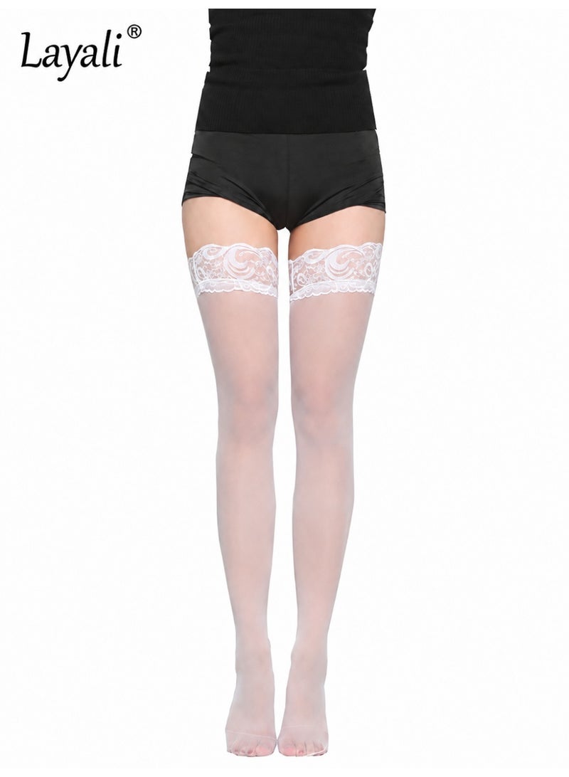 Layali Women Lace Top Thigh High Hold Up Stockings, Ultra Sheer Transparent Wide Lace Cuff Long Hosiery, High Stretch One Size Slimming Thigh Socks - White - Image 1