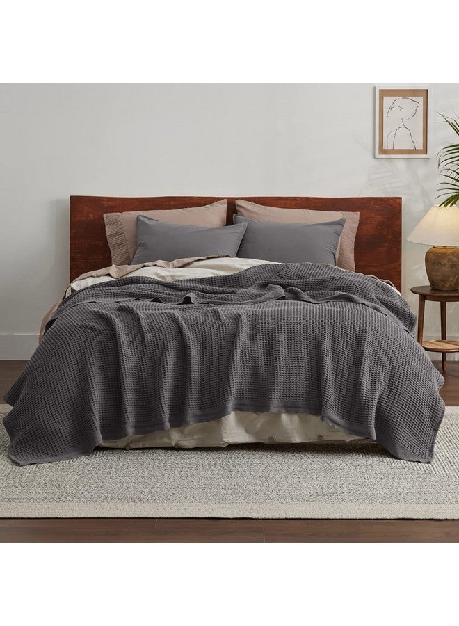 Bedsure Bedsure 100% Cotton Blanket Queen Size for Bed - Breathable and Soft, Waffle Weave Blanket for Summer Spring, Dark Grey, 90x90 Inches  - Image 2