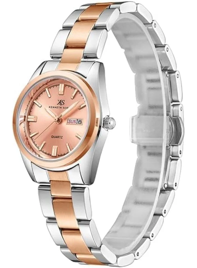 كينيث سكوت Kenneth Scott Women's SL25 Movement Watch, Analog Display and Solid Stainless Steel Strap - K23543-RBKM, Two Tone Rose Gold