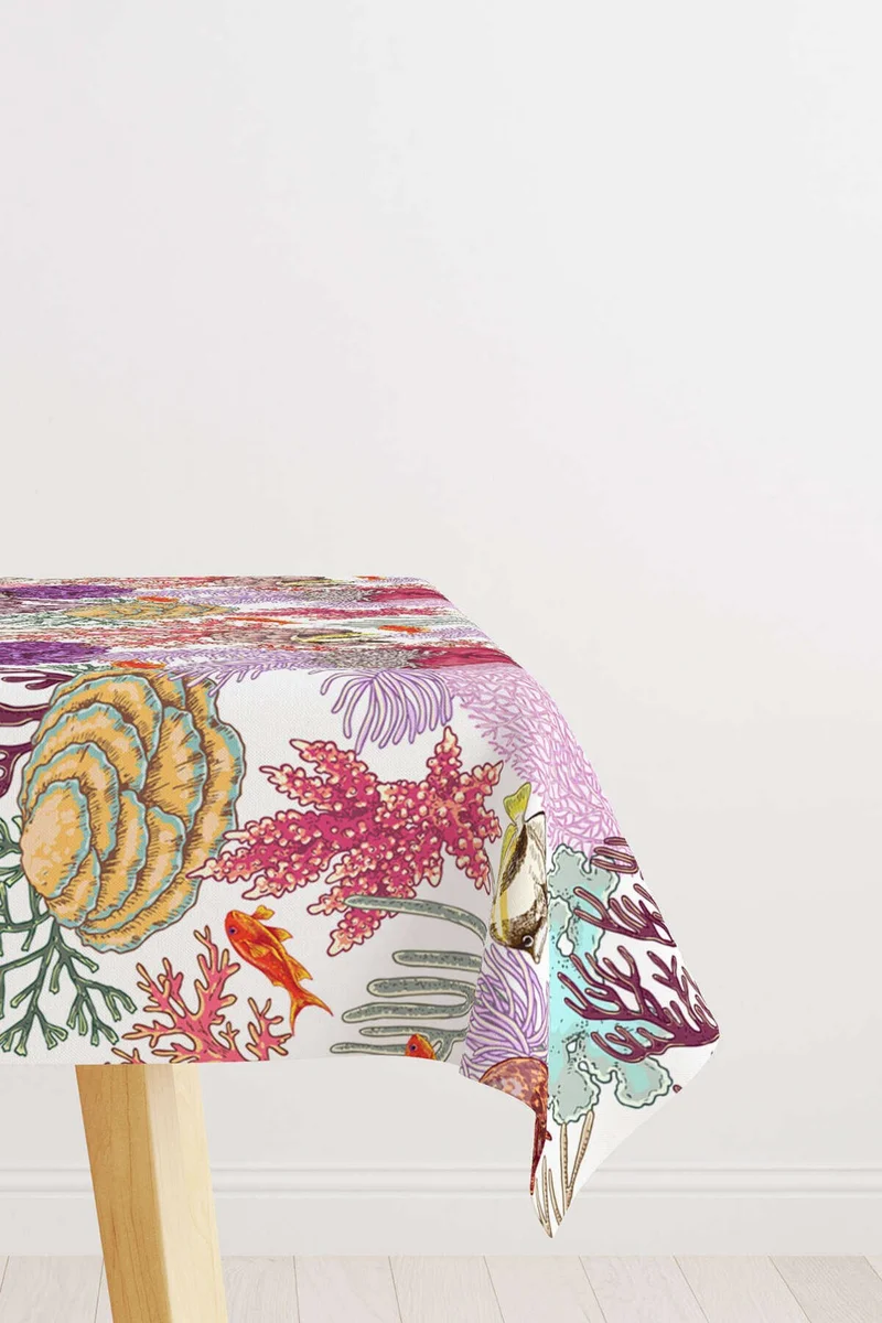 Cango Home White Multicolored Marine Patterned Digital Printed Tablecloth OTYK765-MS