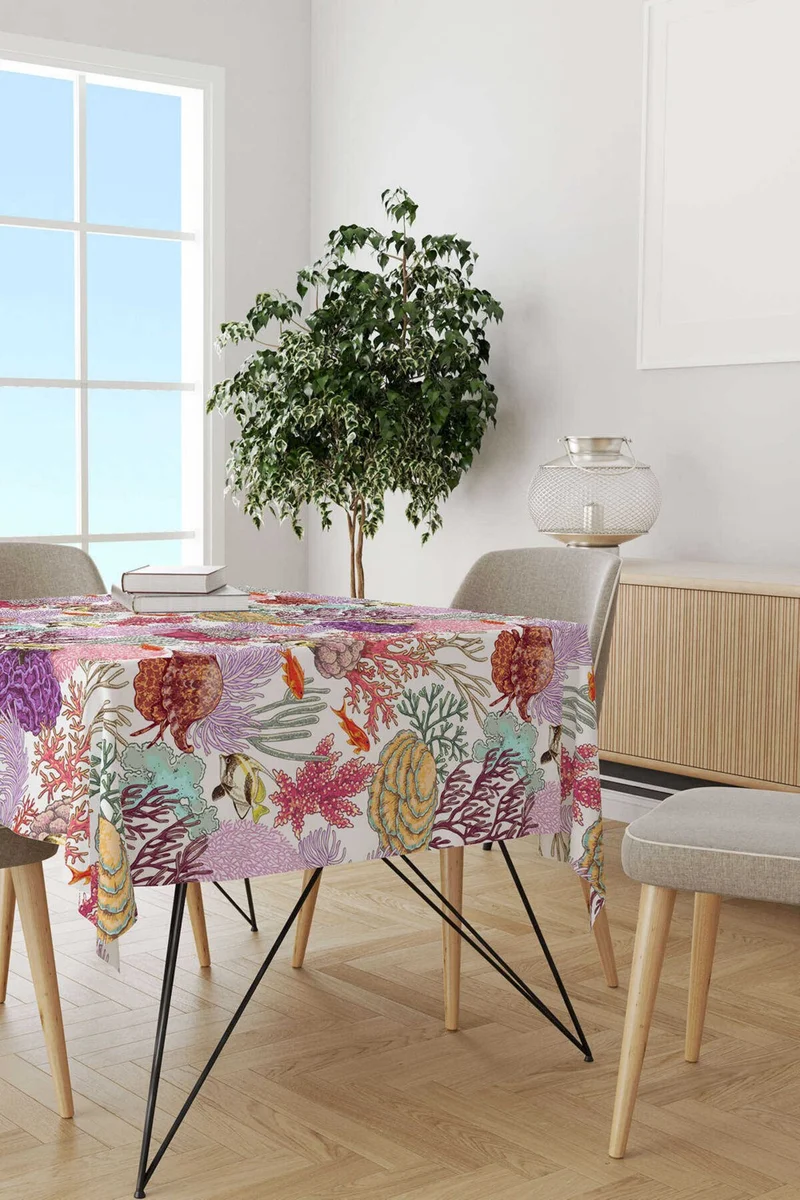 Cango Home White Multicolored Marine Patterned Digital Printed Tablecloth OTYK765-MS