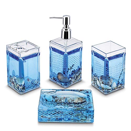 Freelance Eden Acrylic Bathroom Accessories Set of 4 - Blue - Liquid Handwash Soap Dispenser, Brush/Toothbrush Holder, Tumbler, Dish - Plastic Bathroom Set for Wash Basin - Stronger Than Ceramic - Image 1