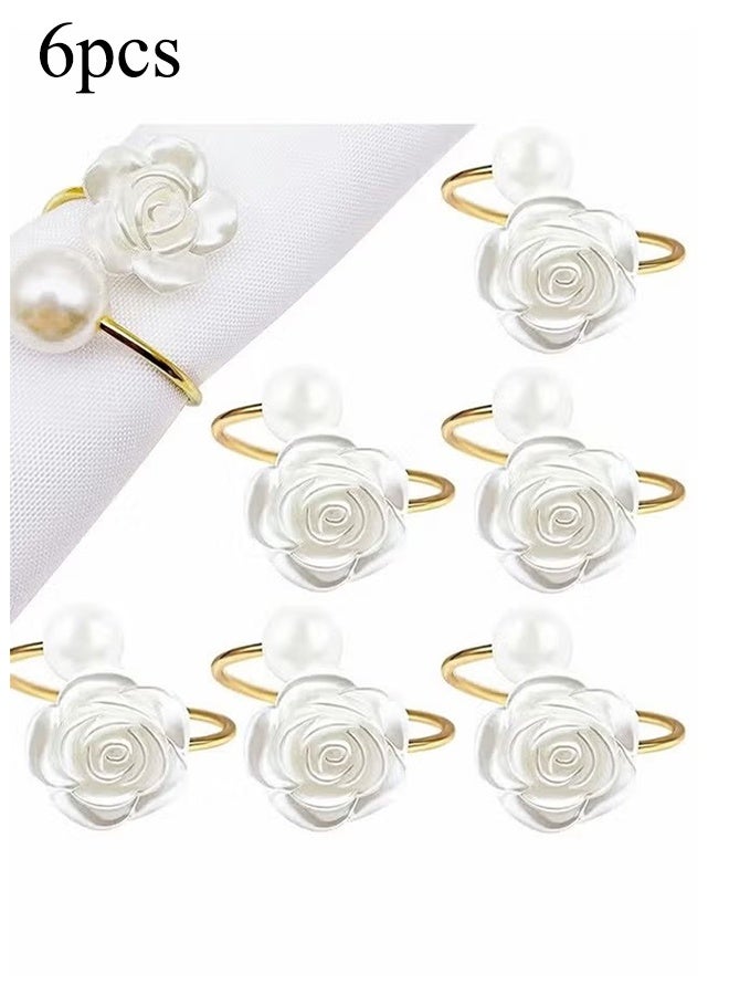 واي جيه خواتم المناديل، حامل مناديل لطاولة الطعام بتصميم وردة بيضاء ولؤلؤ، خواتم مناديل ورقية عتيقة لعيد الحب، حفل الزفاف، تزيين المنزل (6 قطع) - Image 1