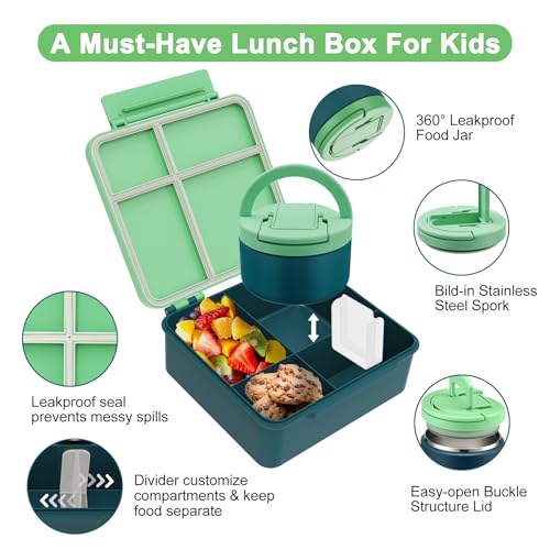MAXSO Bento Lunch Box Set for Kids with 8 oz Soup Thermo, Leakproof Hot Food Container with 4 Compartments, Insulated Food Jar for Toddler Daycare Boys Girls School - Green - Image 2