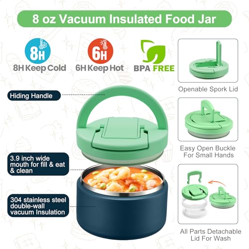 MAXSO Bento Lunch Box Set for Kids with 8 oz Soup Thermo, Leakproof Hot Food Container with 4 Compartments, Insulated Food Jar for Toddler Daycare Boys Girls School - Green - Image 3