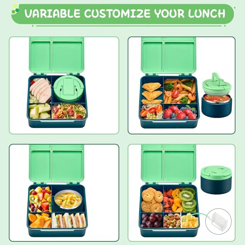 MAXSO Bento Lunch Box Set for Kids with 8 oz Soup Thermo, Leakproof Hot Food Container with 4 Compartments, Insulated Food Jar for Toddler Daycare Boys Girls School - Green - Image 5