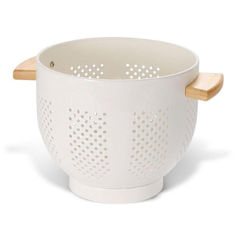 BeFare Metal Colander with Wood Handle and Stable Base, Powder Coated Steel Kitchen Strainer Basket for Draining Pasta, Vegetable and fruit (7quart,Cream) - Image 1