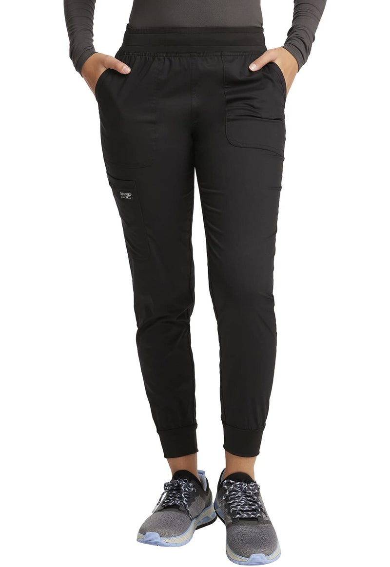 Cherokee Women's Scrub Jogger Pants Modern Classic Fit Mid Rise Bottom with 5 Pockets, Elastic Knit Waistband - WW115, S, Black - Image 1