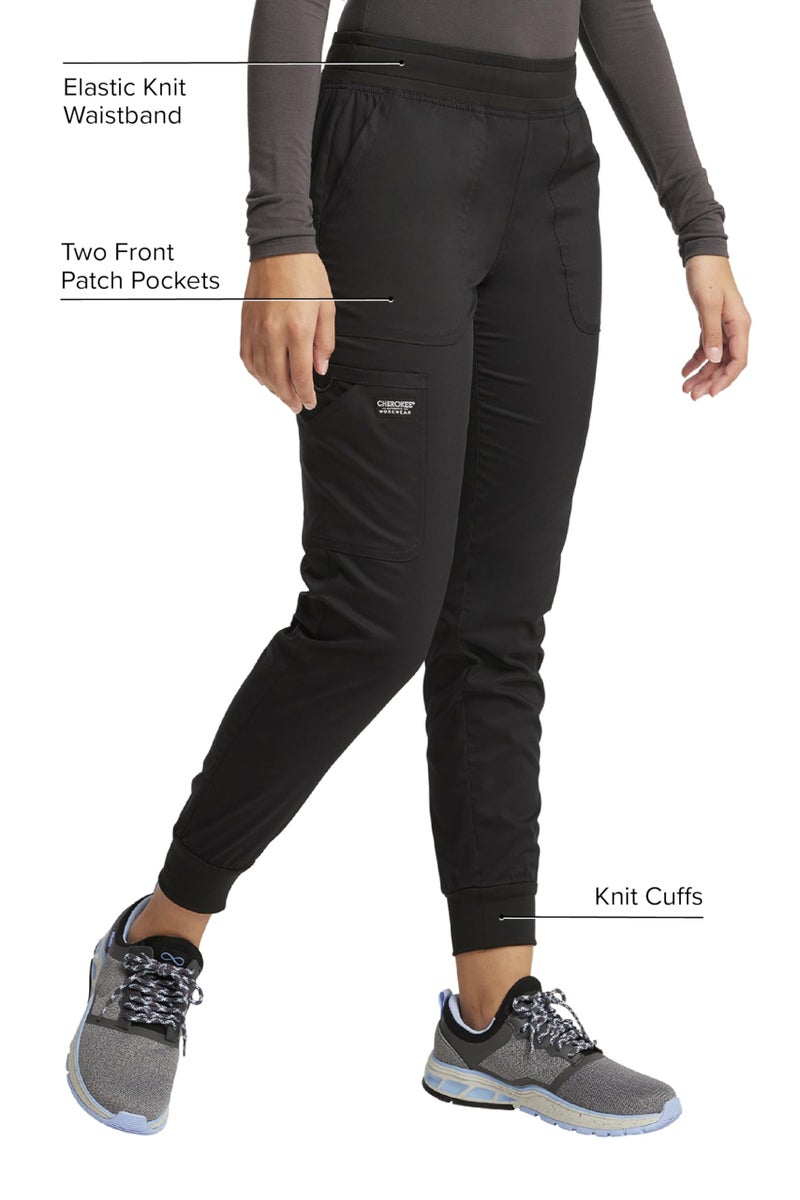 Cherokee Women's Scrub Jogger Pants Modern Classic Fit Mid Rise Bottom with 5 Pockets, Elastic Knit Waistband - WW115, S, Black - Image 3