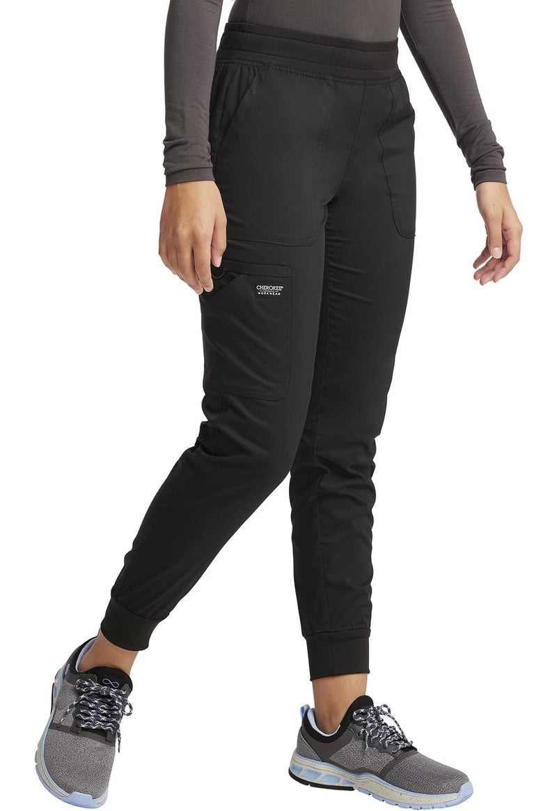 Cherokee Women's Scrub Jogger Pants Modern Classic Fit Mid Rise Bottom with 5 Pockets, Elastic Knit Waistband - WW115, S, Black - Image 5
