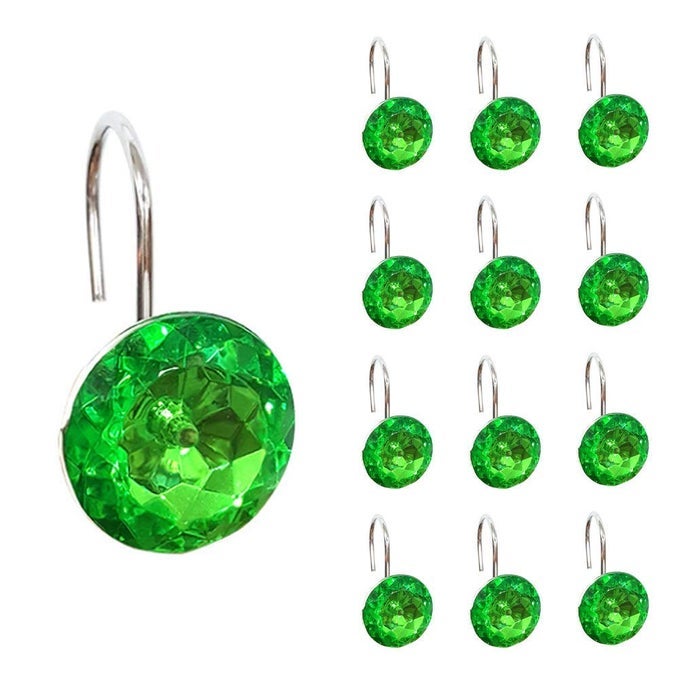 12 PCS BLING RHINESTONES SHOWER CURTAIN HOOKS BATHROOM ROLLING HOOKS GREEN