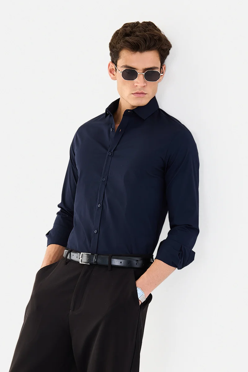 سنيتش Navy Blue Solid Long Sleeve Slim Fit Casual Shirt