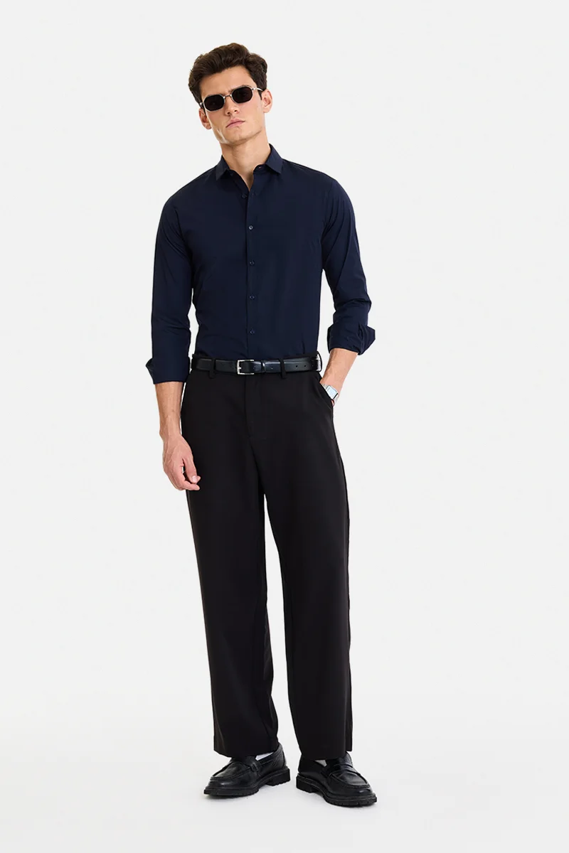 سنيتش Navy Blue Solid Long Sleeve Slim Fit Casual Shirt
