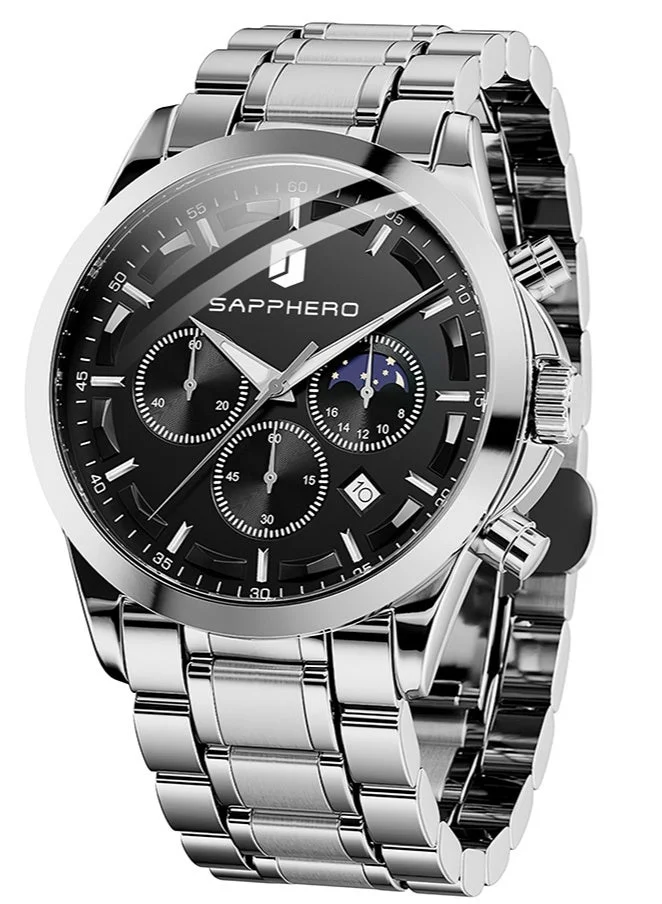 Sapphero SAPPHERO Chronograph Watches for Men, Original Business Casual Stainless Steel Analog Watch 50M Waterproof Luminous Watches with Date Dial, Mens Gift