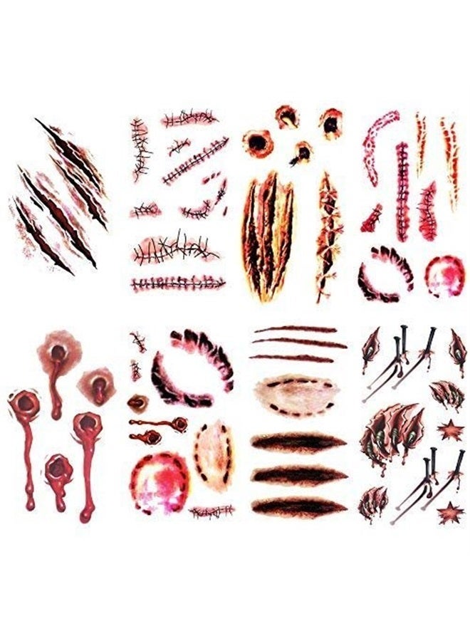 Yesallwas 8 Sheets Halloween tattoos by Yesallwas, wound tattoos, zombie tattoos, fake blood tattoos, wampire bite tattoo, realistic fake bloody wound stitch scar horror waterproof temporary tattoo sticker - Image 1