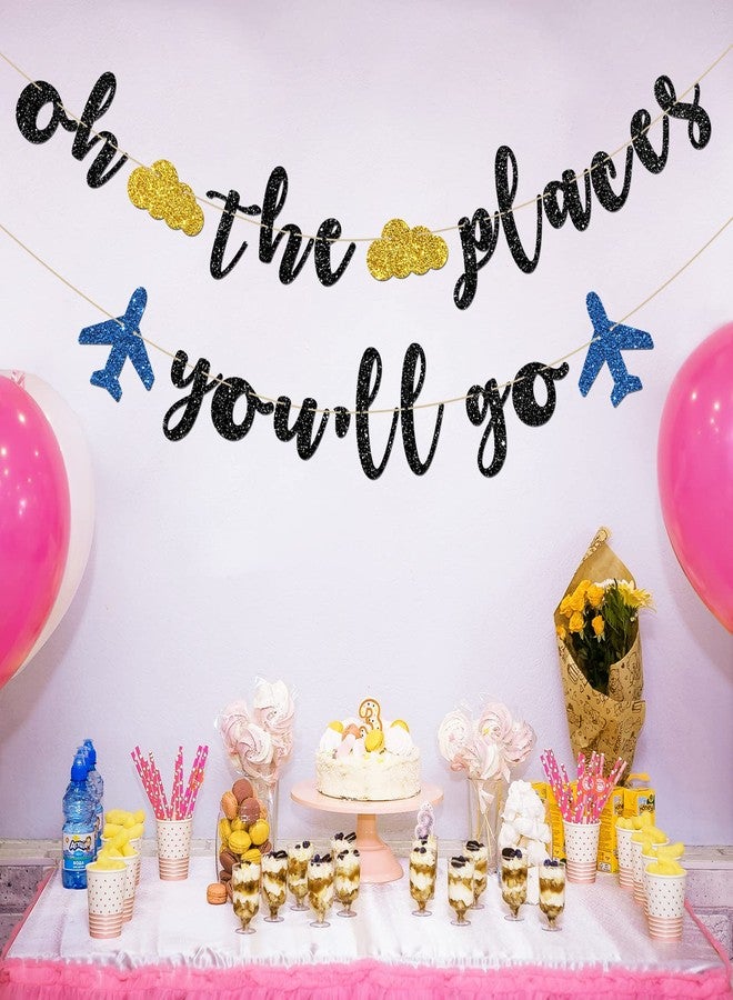 INNORU Oh The Places You'll Go Banner - Travel Theme Farewell Party Bunting Decor - Bon Voyage - Birthday Anniversary Graduation Baby Shower Party Decorations, Black Glitter - Image 3