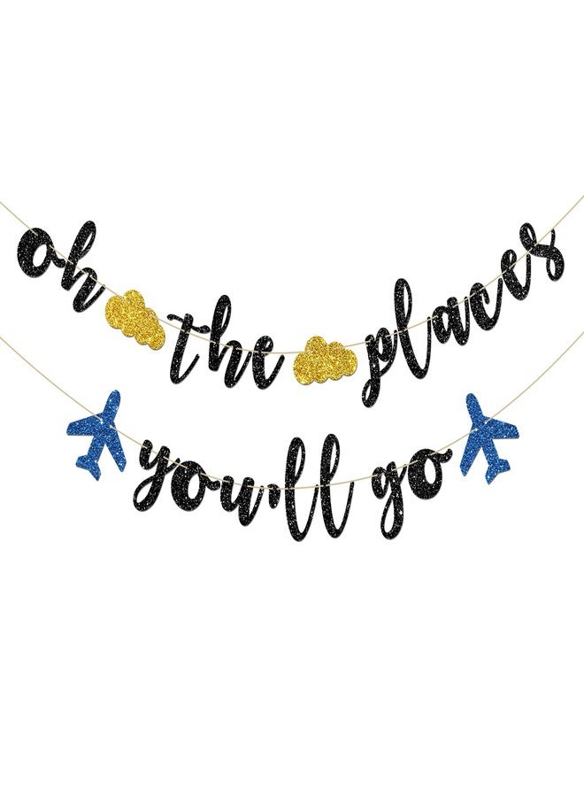 INNORU Oh The Places You'll Go Banner - Travel Theme Farewell Party Bunting Decor - Bon Voyage - Birthday Anniversary Graduation Baby Shower Party Decorations, Black Glitter - Image 1