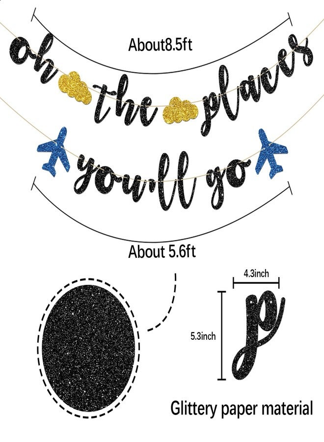 INNORU Oh The Places You'll Go Banner - Travel Theme Farewell Party Bunting Decor - Bon Voyage - Birthday Anniversary Graduation Baby Shower Party Decorations, Black Glitter - Image 2