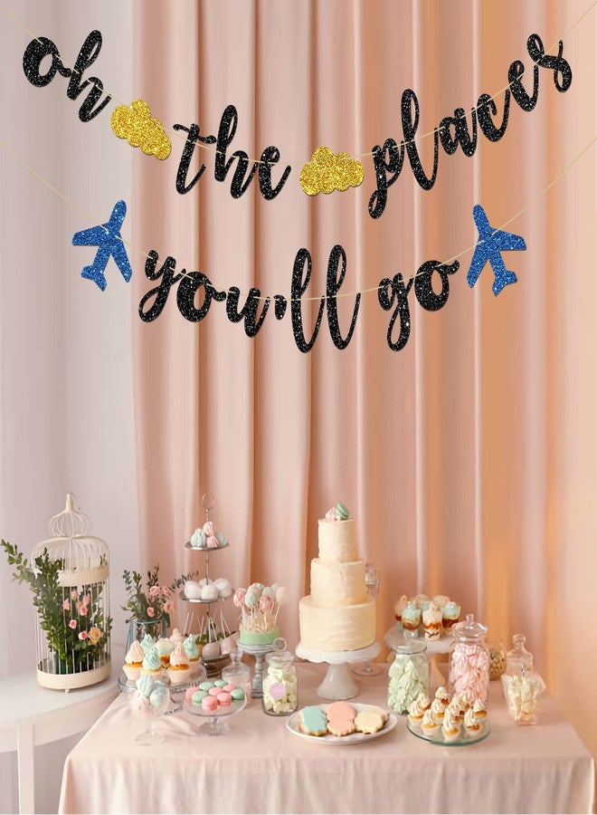 INNORU Oh The Places You'll Go Banner - Travel Theme Farewell Party Bunting Decor - Bon Voyage - Birthday Anniversary Graduation Baby Shower Party Decorations, Black Glitter - Image 5