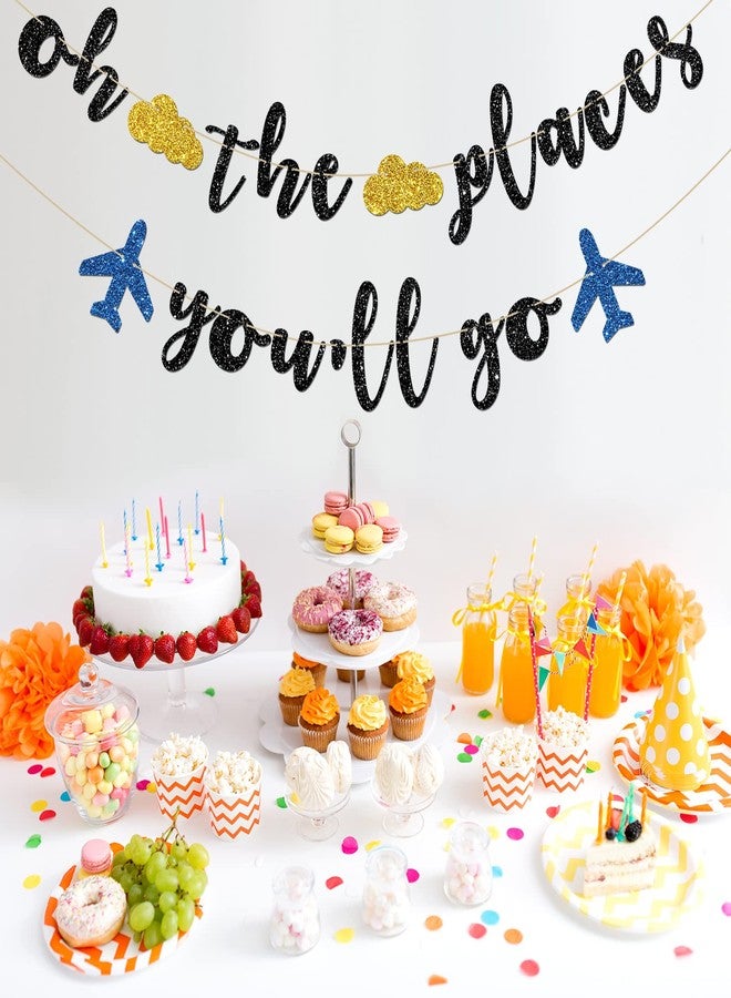 INNORU Oh The Places You'll Go Banner - Travel Theme Farewell Party Bunting Decor - Bon Voyage - Birthday Anniversary Graduation Baby Shower Party Decorations, Black Glitter - Image 4