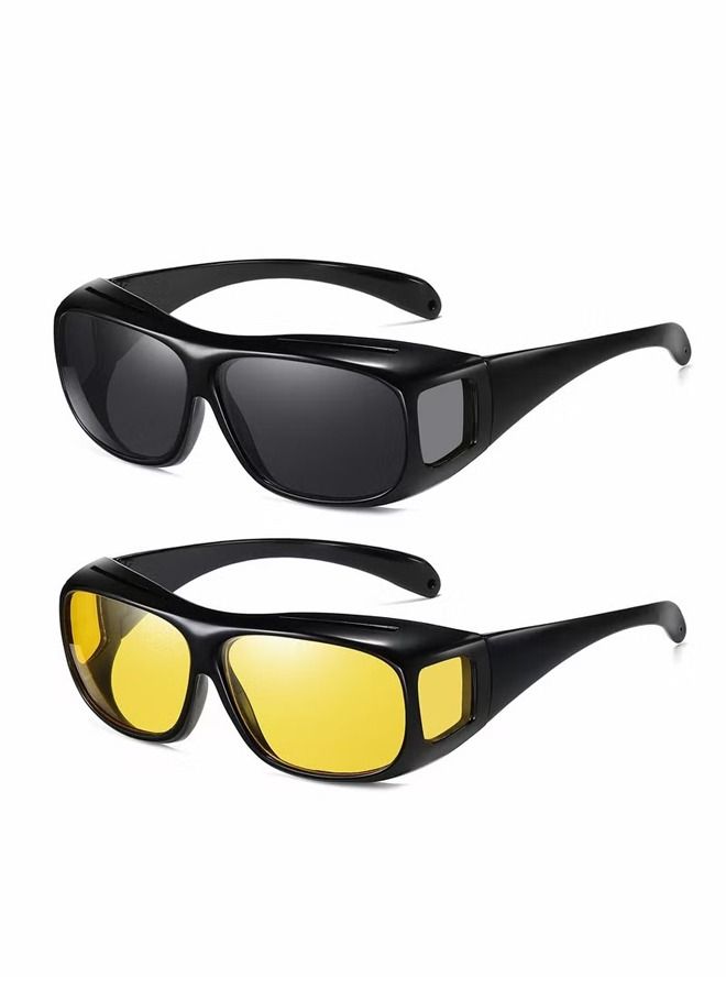 Generic 2 Pcs Glasses Wrap Arounds Male Driver Driving HD Mirror Multifunctional Sunglasses Night Vision Goggles Anti Glare Safety for Men and Women  - Image 1