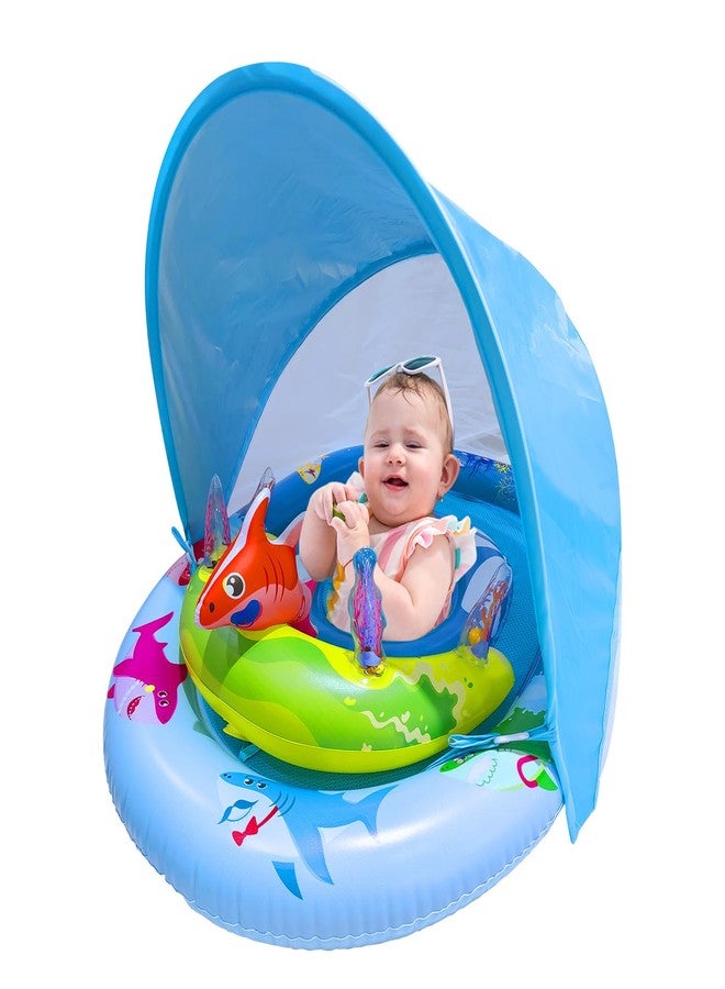 RAYBITU Inflatable Baby Pool Float with UPF50+ Sun Protection Canopy, Adjustable Safety Seat & Interactive Toy Play Console - Includes Ocean Animal Toys for Infants & Toddlers 3-36 Months (Blue+Green) - Image 1