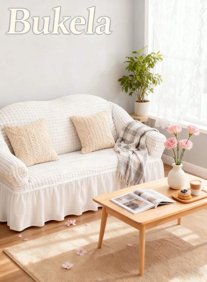 Bukela Sofa Cover Stretch Armchair Slipcover Easy Fitted Sofa Couch Cover with Skirt, Durable Washable Universal High Elastic Furniture Protector for Kids, Pets Stretchable Anti-Wrinkle Slip Flexible Resistant Jacquard For Living Room Sofa Cover  110 x 160 cm (Middle White) - Image 1