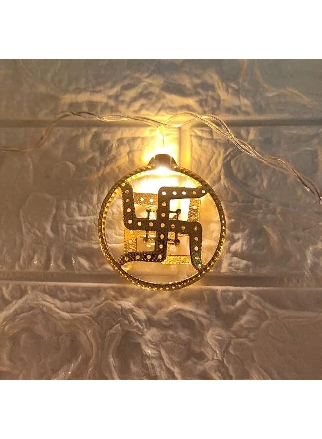 The Bros 10 LED Swastik Golden Metal Curtain String Light 2 M Swastika Fairy Lights for Diwali Decoration, Home Decoration Light Temple Décor Wall Hanging Golden Light Battery Power (Warm White)  - Image 1
