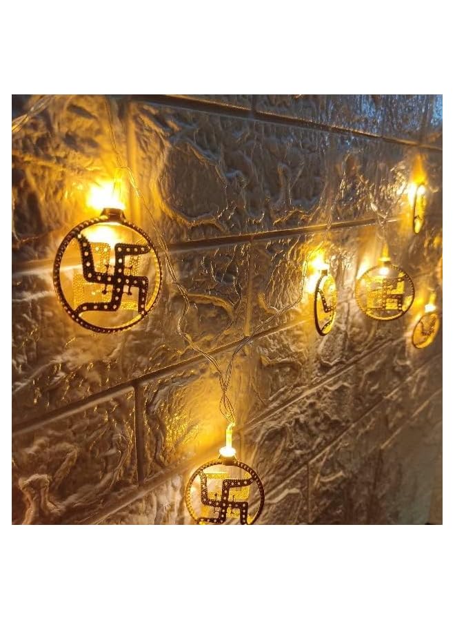 The Bros 10 LED Swastik Golden Metal Curtain String Light 2 M Swastika Fairy Lights for Diwali Decoration, Home Decoration Light Temple Décor Wall Hanging Golden Light Battery Power (Warm White)  - Image 3