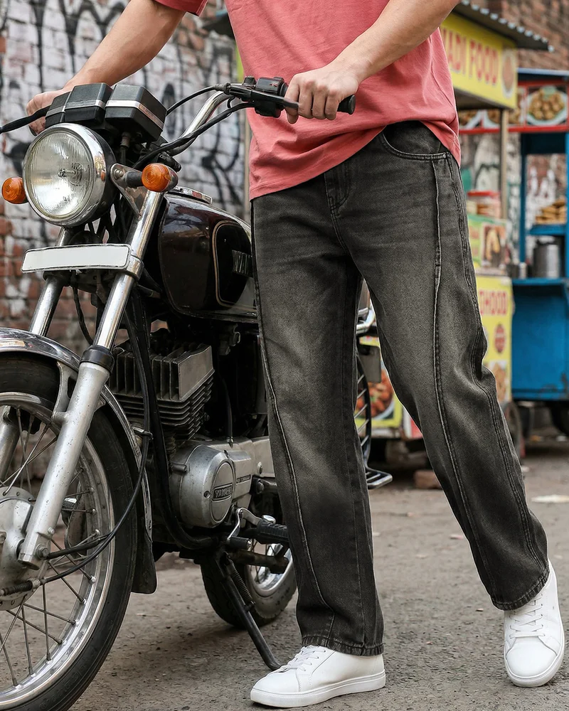 بيواكوف Men's Jet Black Washed Straight Fit Mid-Rise Jeans