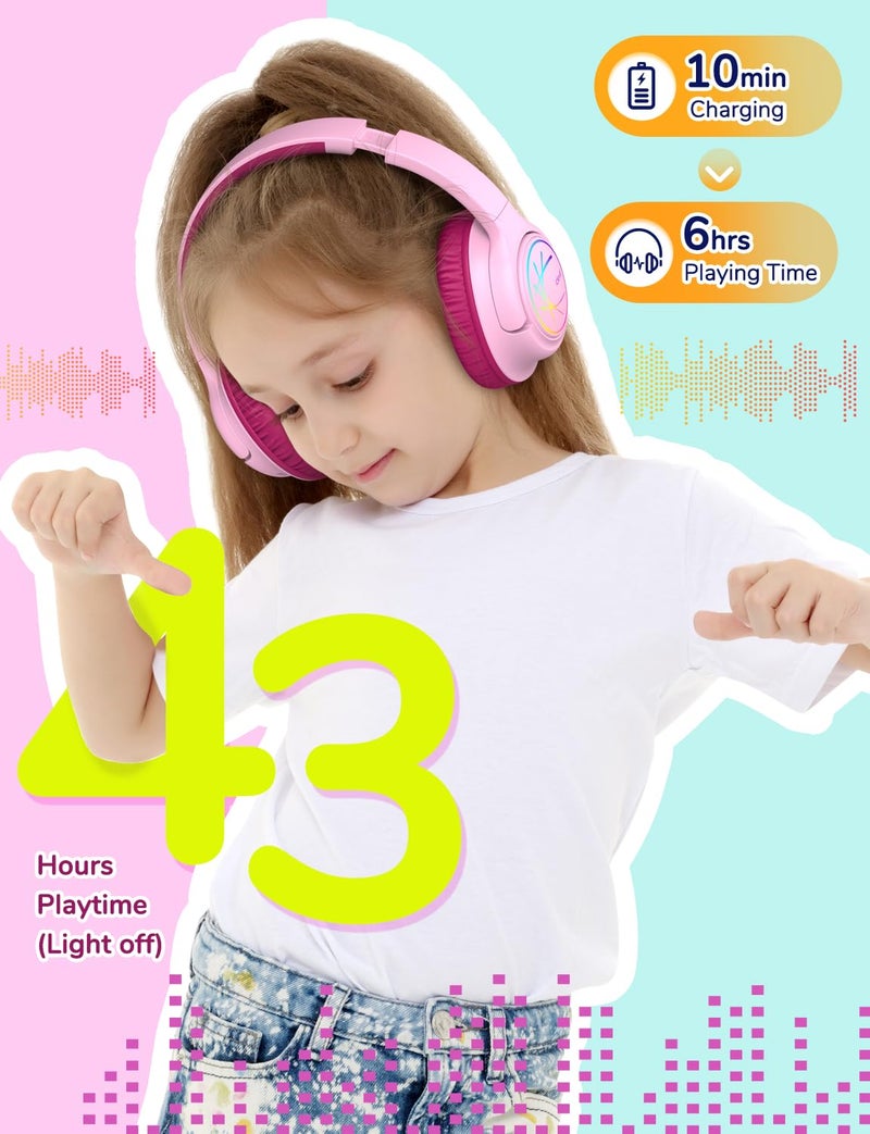iClever Kids Bluetooth Headphones with LED Lights, BTH18 Safe Volume 74/85dBA, 43H Playtime, Bluetooth5.3 Kids Headphones Wireless Aux Cord for iPad/Tablet/Travel/School, Blossom Pink - Image 4