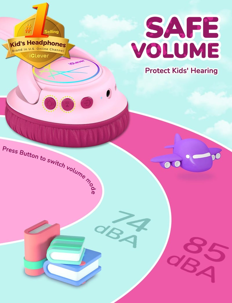iClever Kids Bluetooth Headphones with LED Lights, BTH18 Safe Volume 74/85dBA, 43H Playtime, Bluetooth5.3 Kids Headphones Wireless Aux Cord for iPad/Tablet/Travel/School, Blossom Pink - Image 2