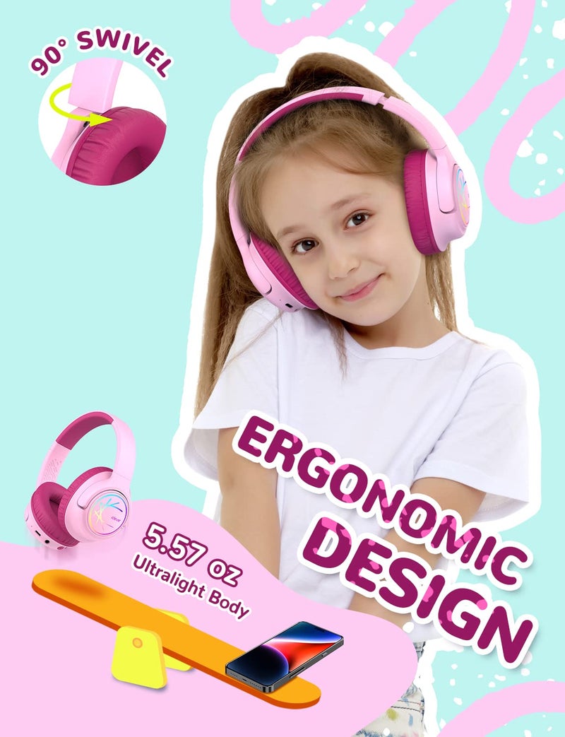 iClever Kids Bluetooth Headphones with LED Lights, BTH18 Safe Volume 74/85dBA, 43H Playtime, Bluetooth5.3 Kids Headphones Wireless Aux Cord for iPad/Tablet/Travel/School, Blossom Pink - Image 5