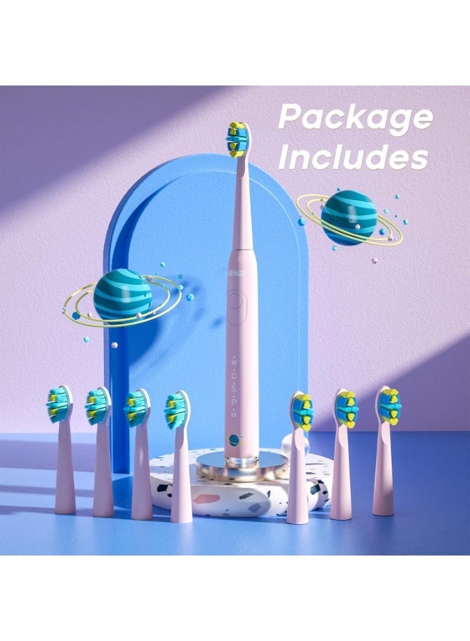 سيجو فرشاة أسنان كهربائية للأطفال من سيجو، فرشاة أسنان سونيك قابلة لإعادة الشحن بشعيرات ناعمة مع 8 رؤوس فرشاة، ملصقات يمكنك صنعها بنفسك و5 أوضاع، مثالية للأطفال من سن 3 إلى 12 سنة (لون وردي) - Image 2