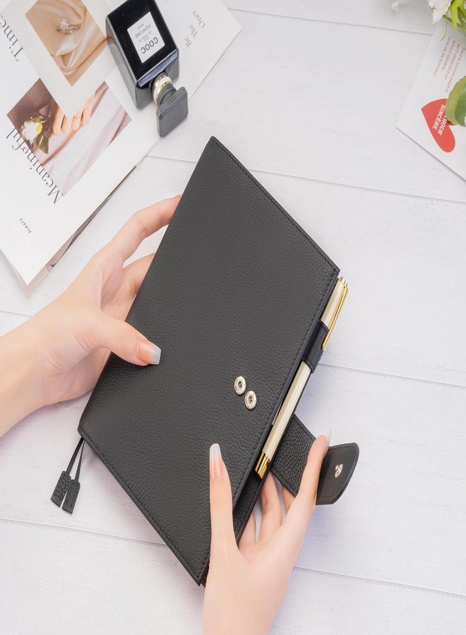 غلاف مفكرة أوكس نايت B6 من الجلد لـ Stalogy و Midori و Leuchtturm1917 وغيرها - مع حلقة قلم وفتحات للبطاقات وجيب خلفي وعلامات مرجعية (أسود) - Image 2