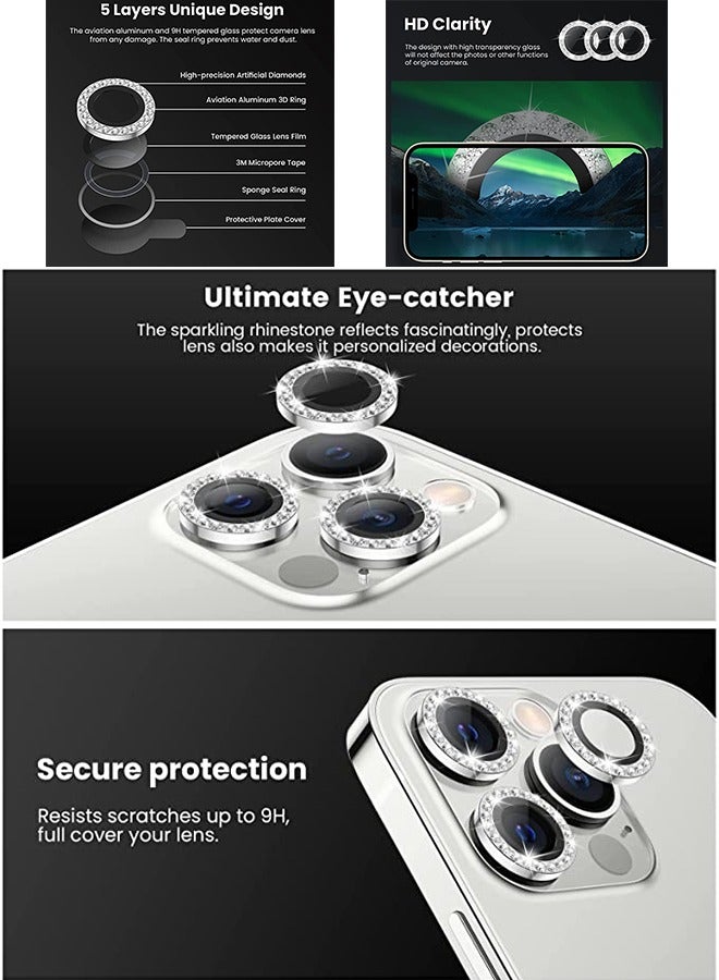 iphone 14 Pro/Pro Max Diamond electroplated Scratch proof Lens Protector, HD Camera diamond film, AR Clear Tempered Glass Camera Cover Screen Protector, Full Fit Lens Belt drill Ring Cover (silver) - Image 4