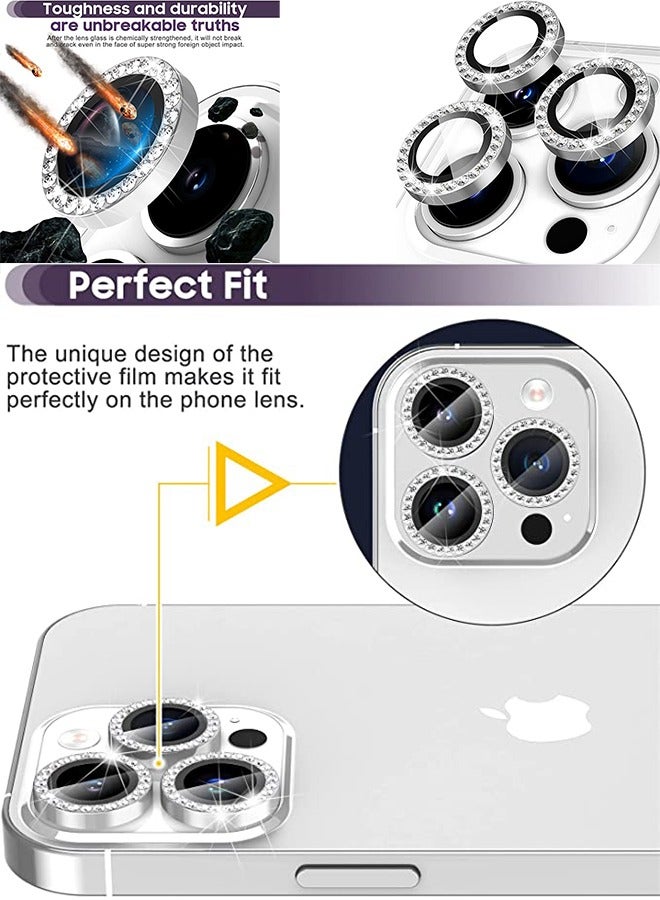 iphone 14 Pro/Pro Max Diamond electroplated Scratch proof Lens Protector, HD Camera diamond film, AR Clear Tempered Glass Camera Cover Screen Protector, Full Fit Lens Belt drill Ring Cover (silver) - Image 2