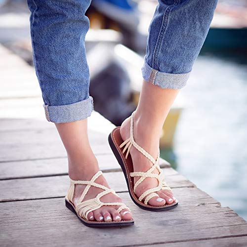 Plaka Palm Leaf Flat Summer Sandals for Women | Perfect for The Beach Walking & Dressy Occasions | Ivory | Size 9 - Image 3