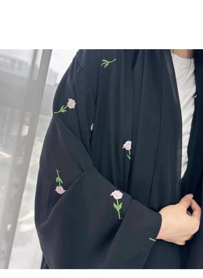 لوريا عباية للنساء المسلمات، جلابية، فستان طويل، تطريز، رمضان، عيد مسلم، المغرب، دبي، احتفال، قفطان، إسلام، عربي، تعليمي - أسود - Image 1