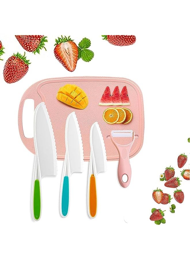 vesus Kids Knifes Set,5Pack Knives Safe Baking Cutting Cooking Children's Beginners Cut Fruits Salad Veggies CakeFun Firm Grip Serrated Edges Friendly Childrens Knife With Board Peeler (PINK)  - Image 1