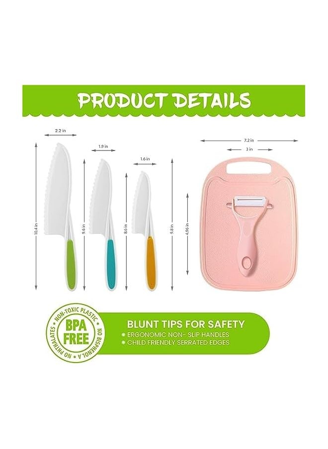 vesus Kids Knifes Set,5Pack Knives Safe Baking Cutting Cooking Children's Beginners Cut Fruits Salad Veggies CakeFun Firm Grip Serrated Edges Friendly Childrens Knife With Board Peeler (PINK)  - Image 3