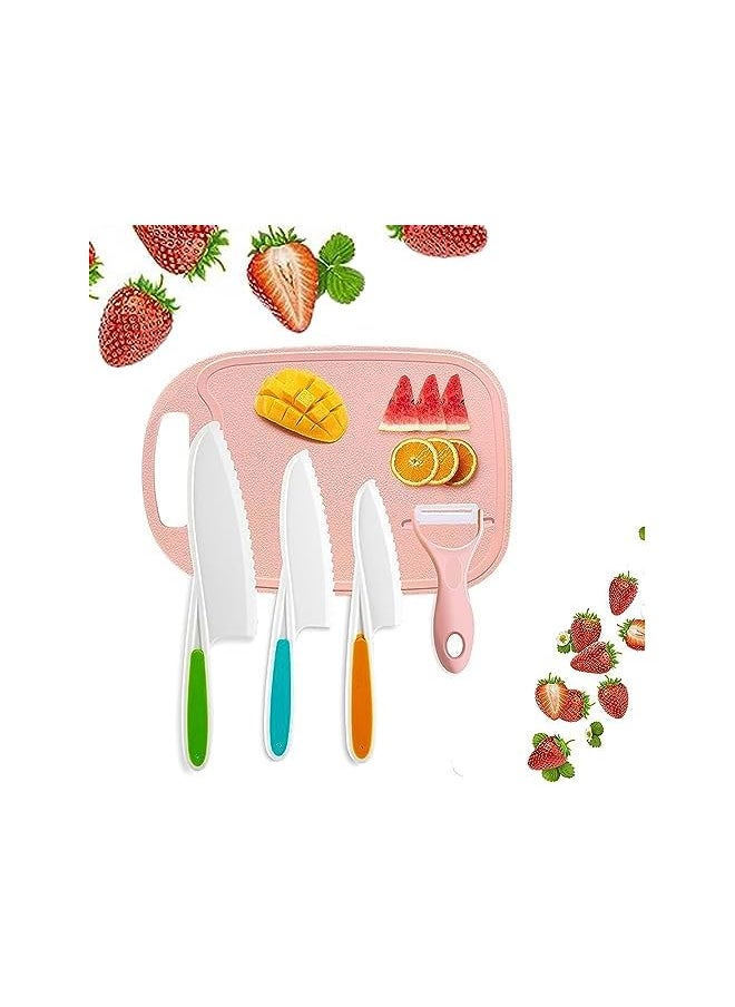 vesus Kids Knifes Set,5Pack Knives Safe Baking Cutting Cooking Children's Beginners Cut Fruits Salad Veggies CakeFun Firm Grip Serrated Edges Friendly Childrens Knife With Board Peeler (PINK)  - Image 2
