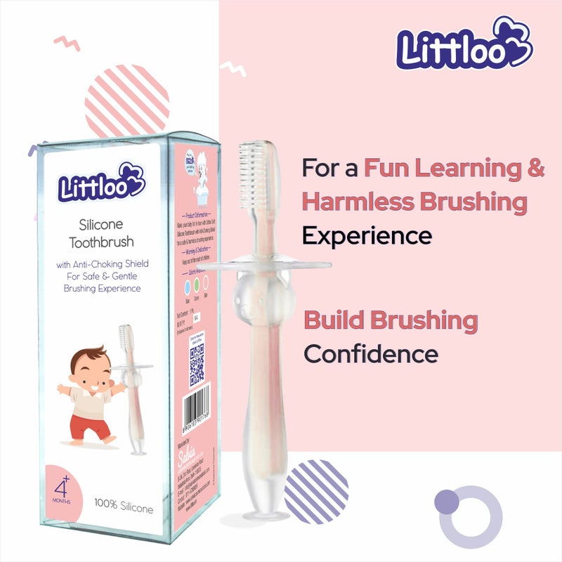 LITTLOO Infant Silicone Anti-Choking Manual Toothbrush With Fitted Shield & Fine Soft Bristles For Gentle Teeth &Gums, Baby Oral Care & Hygiene With Easy Grip Design, Bpa Free -Pack Of 1(Multicolour) - Image 3