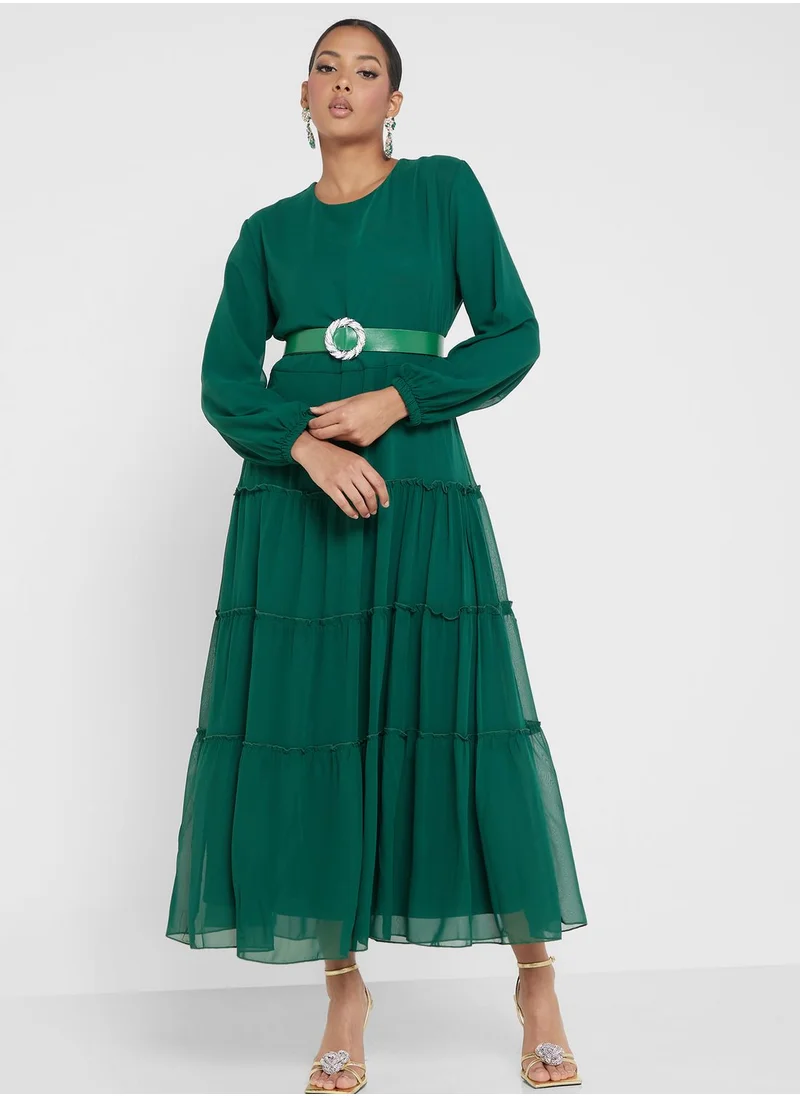 Khizana Chiffon Tiered Dress With Belt