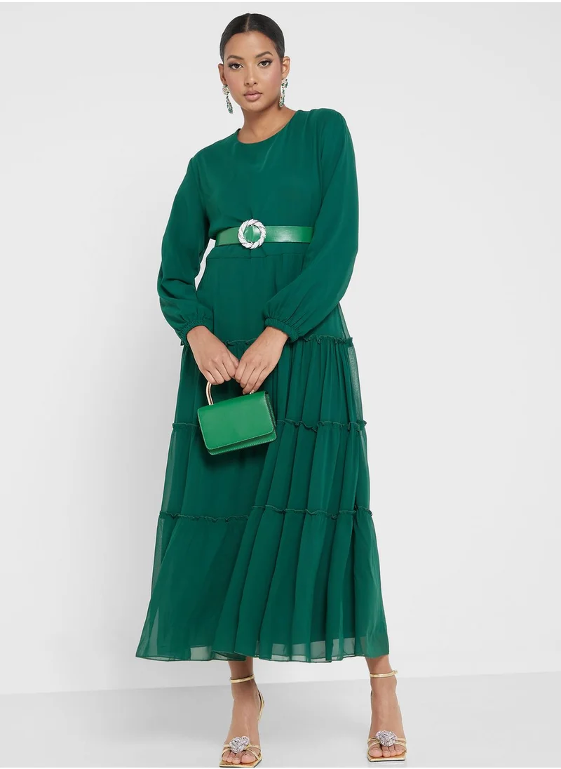 Khizana Chiffon Tiered Dress With Belt