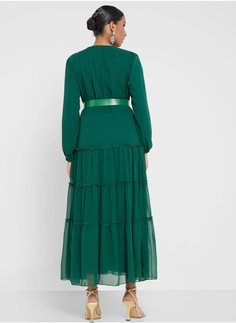 Khizana Chiffon Tiered Dress With Belt