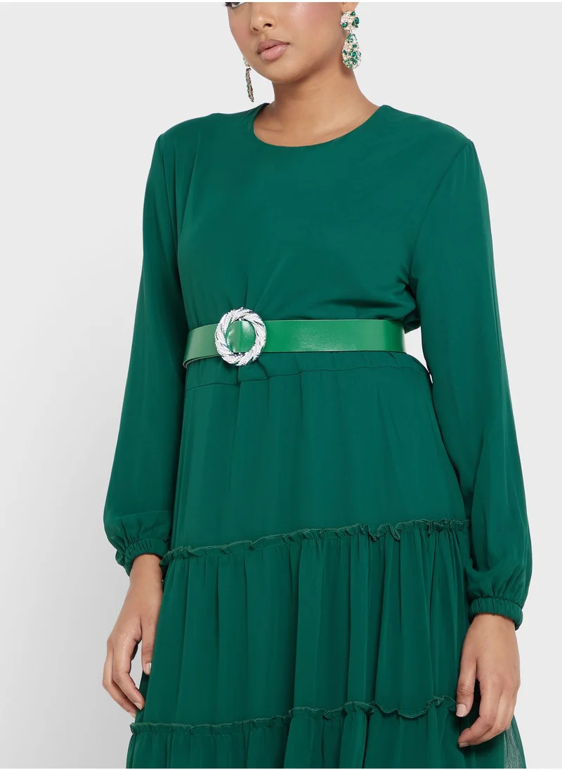 Khizana Chiffon Tiered Dress With Belt