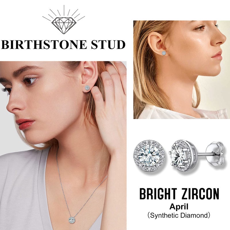 Bestyle 925 Sterling Silver Round Cut Birthstone Stud Earrings for Women, April White Diamond Stud Earrings with Love and Purity, Best Women Earrings for Everyday Wear - Image 2