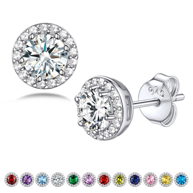 Bestyle 925 Sterling Silver Round Cut Birthstone Stud Earrings for Women, April White Diamond Stud Earrings with Love and Purity, Best Women Earrings for Everyday Wear - Image 1