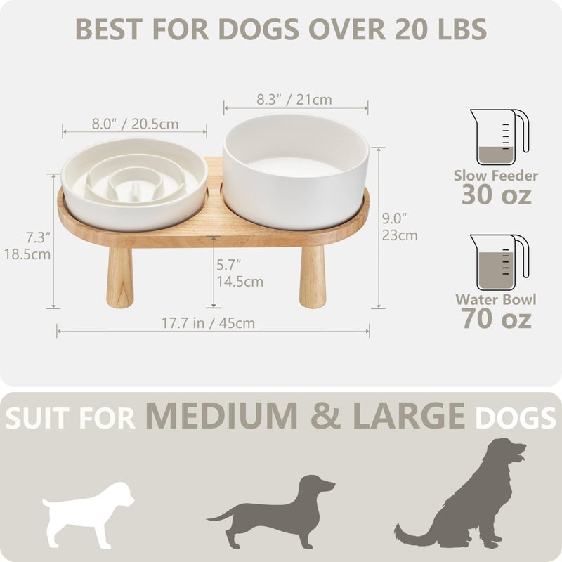MOPANG Ceramic Slow Feeder and Water Bowl Set for Medium and Large Dogs, 8.0 Inches Ceramic Dog Bowls Elevated with Wooden Stand, 2.0 Cups Dog Slow Feeder(30oz) and 70oz Water Bowl Set, White - Image 3